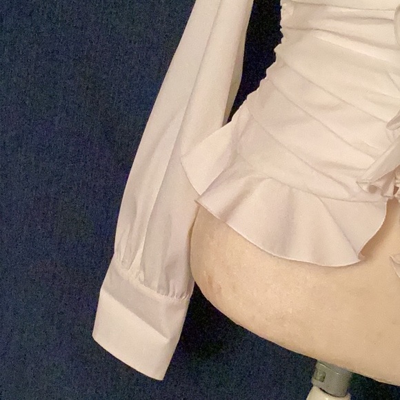 PER SE white, long sleeves, button down, gather pleated waist, elegant shirt # 6 - Picture 5 of 10